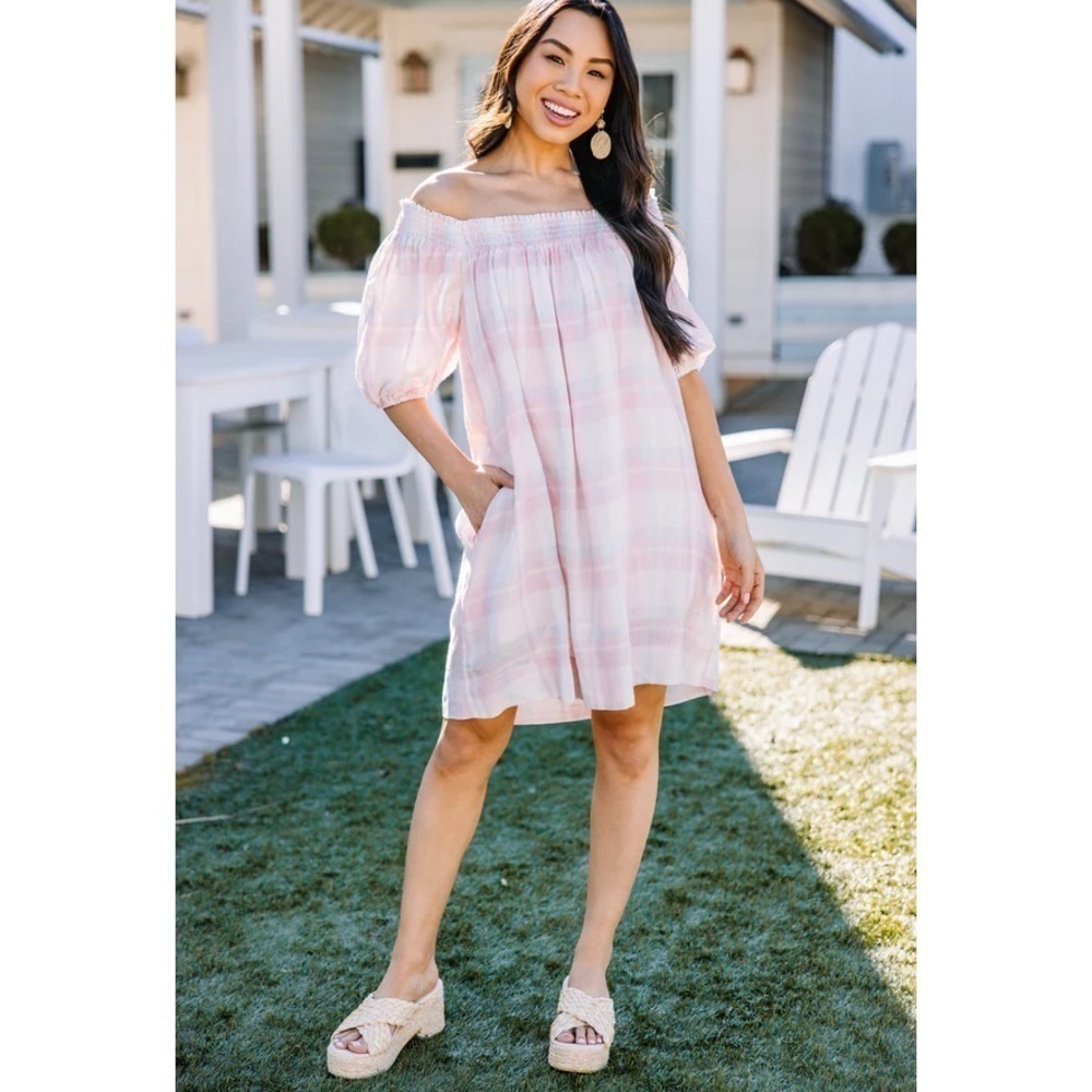 Lush Feeling So Special Pink Plaid Babydoll Dress Off The Shoulder Large